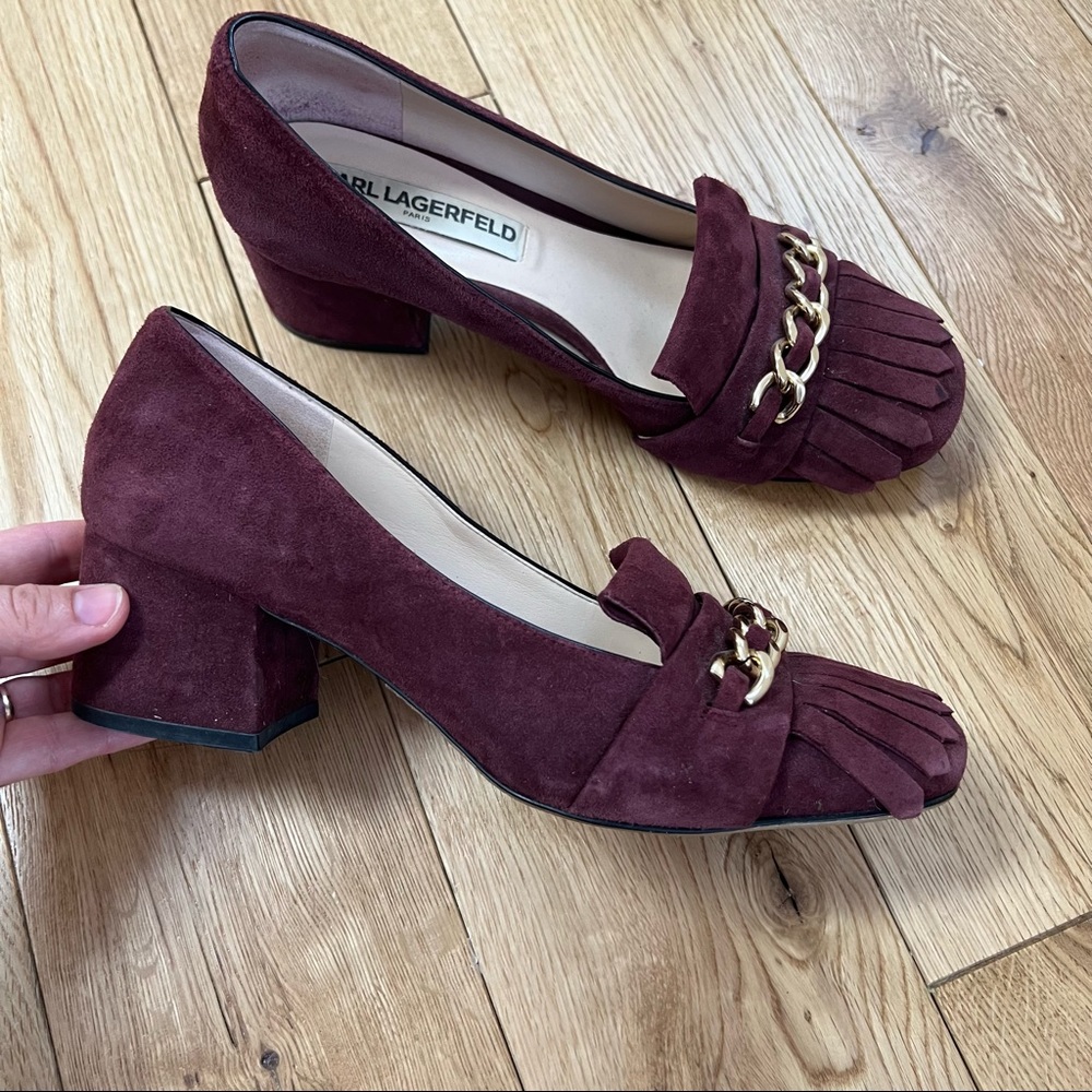 Karl Lagerfeld Burgundy Suede Heels with Gold Chain